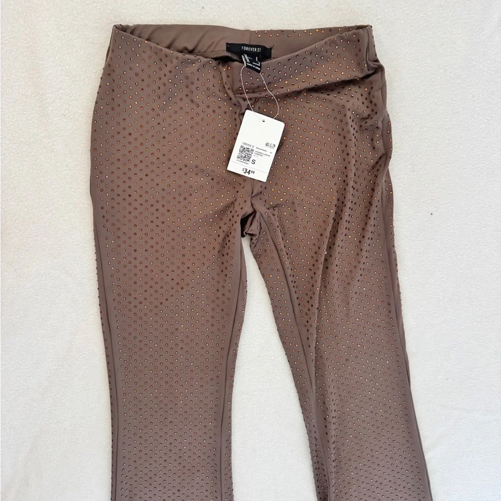 NWT Forever 21 set suit with rhinestones Brown Short Sleeve Top Pants S brown - Picture 5 of 9